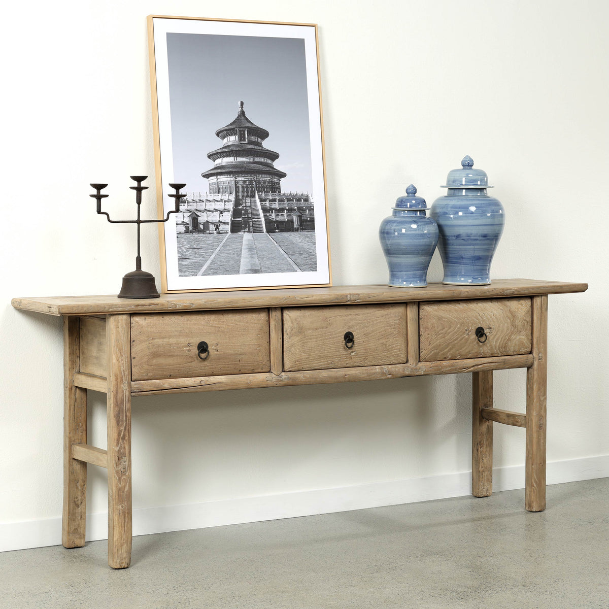 Approx. 87" Wide Vintage Table with Three Drawers Weathered Natural