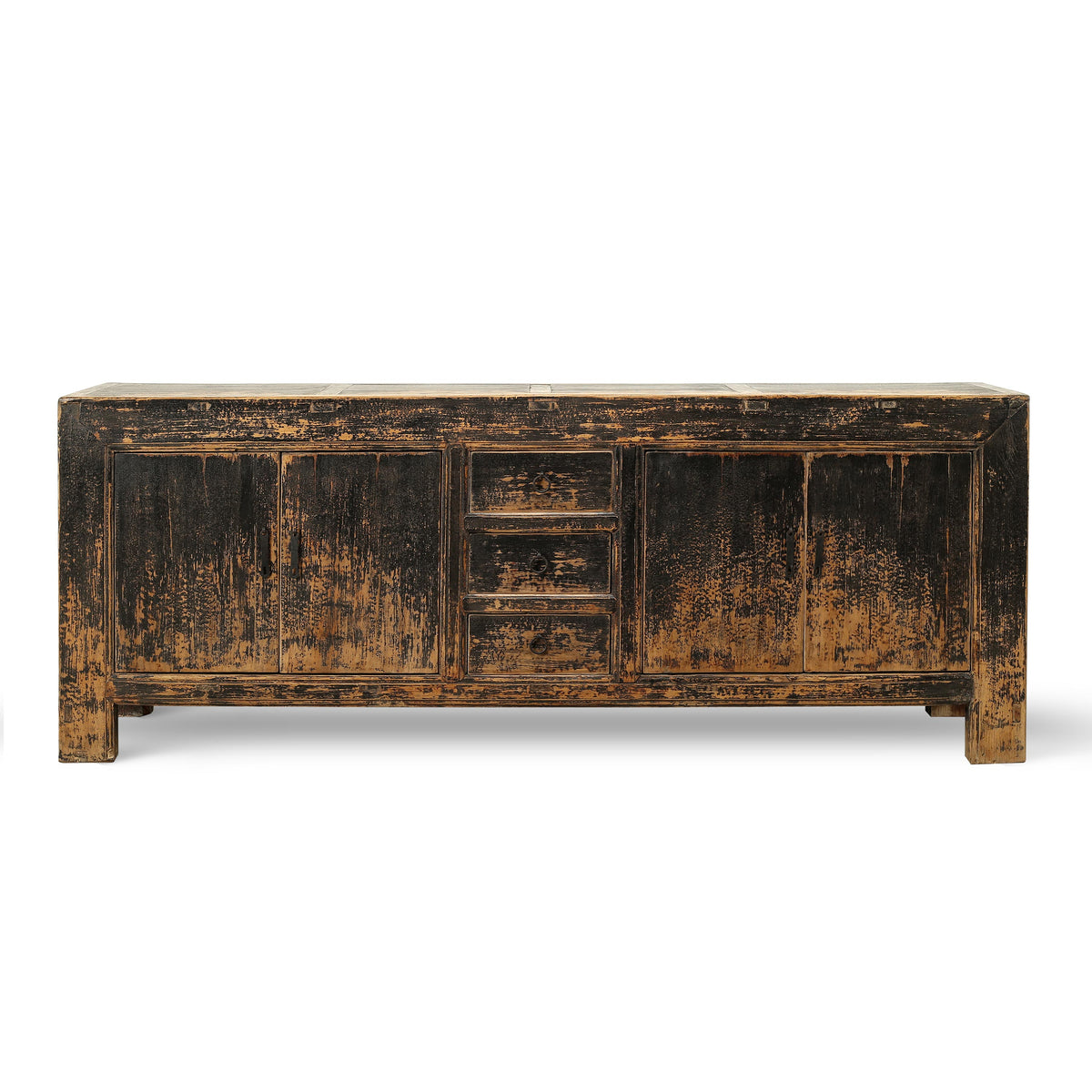 Antique Wide Sideboard with Three Drawers Distressed Black 87Wx18.9Dx34H