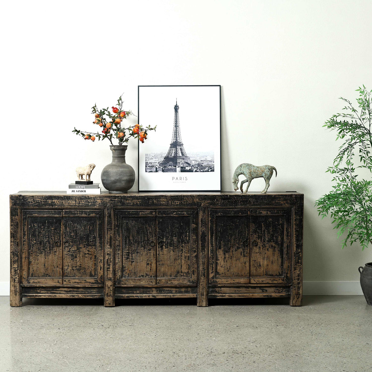 Approx. 92" Long Antique Sideboard with Six Doors, Distressed Black