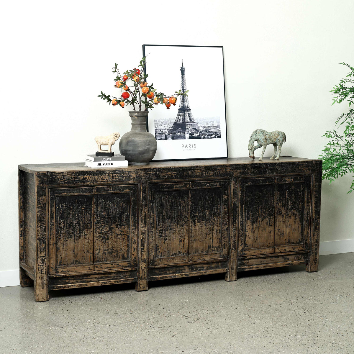 Approx. 92" Long Antique Sideboard with Six Doors, Distressed Black