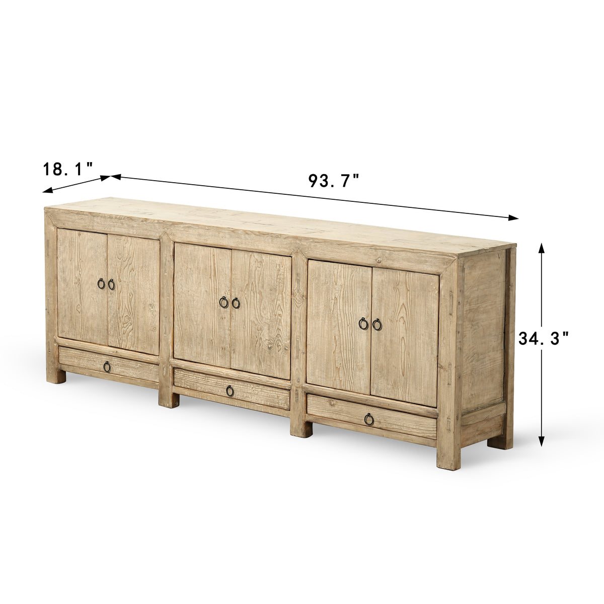 Approx. 94" Long Antique Sideboard with Six Doors & Three Drawers, Weathered Natural