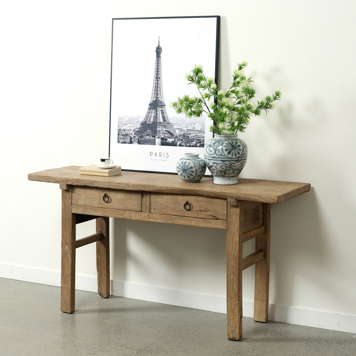 Approx 62" Long 18" Deep Vintage Entry Table with Two Drawers Weathered Natural