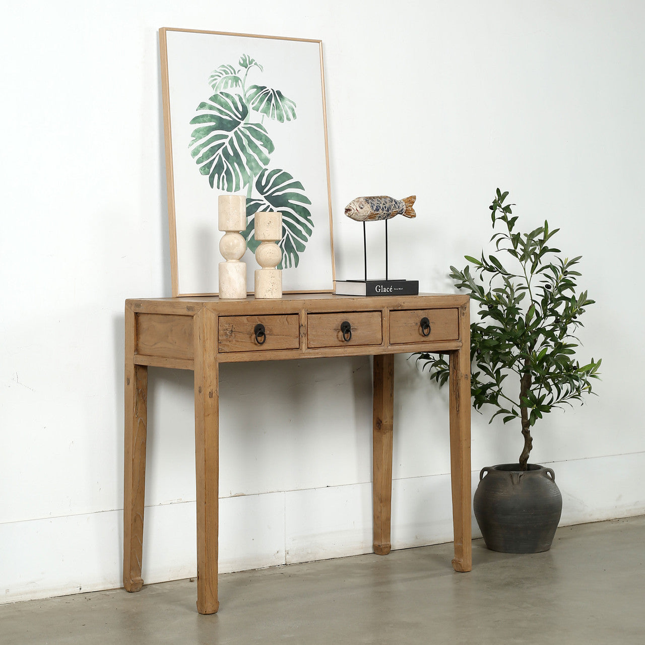 Vintage Ming Style Entry Table with Two Drawers Weathered Natural 39.4x15.7x33.9H Elm