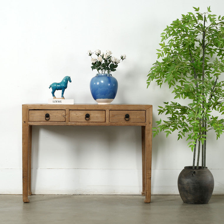 Vintage Ming Style Entry Table with Three Drawers Weathered Natural 43x15.7x32.3H Elm image 3