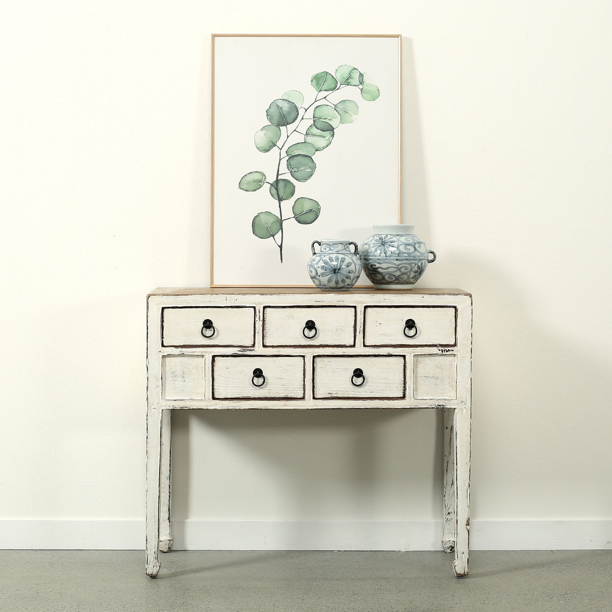 Vintage Entry Table with Five Drawers 37.8"W 16"D Disressed White