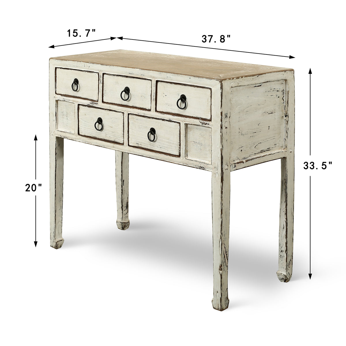 Vintage Entry Table with Five Drawers 37.8"W 16"D Disressed White