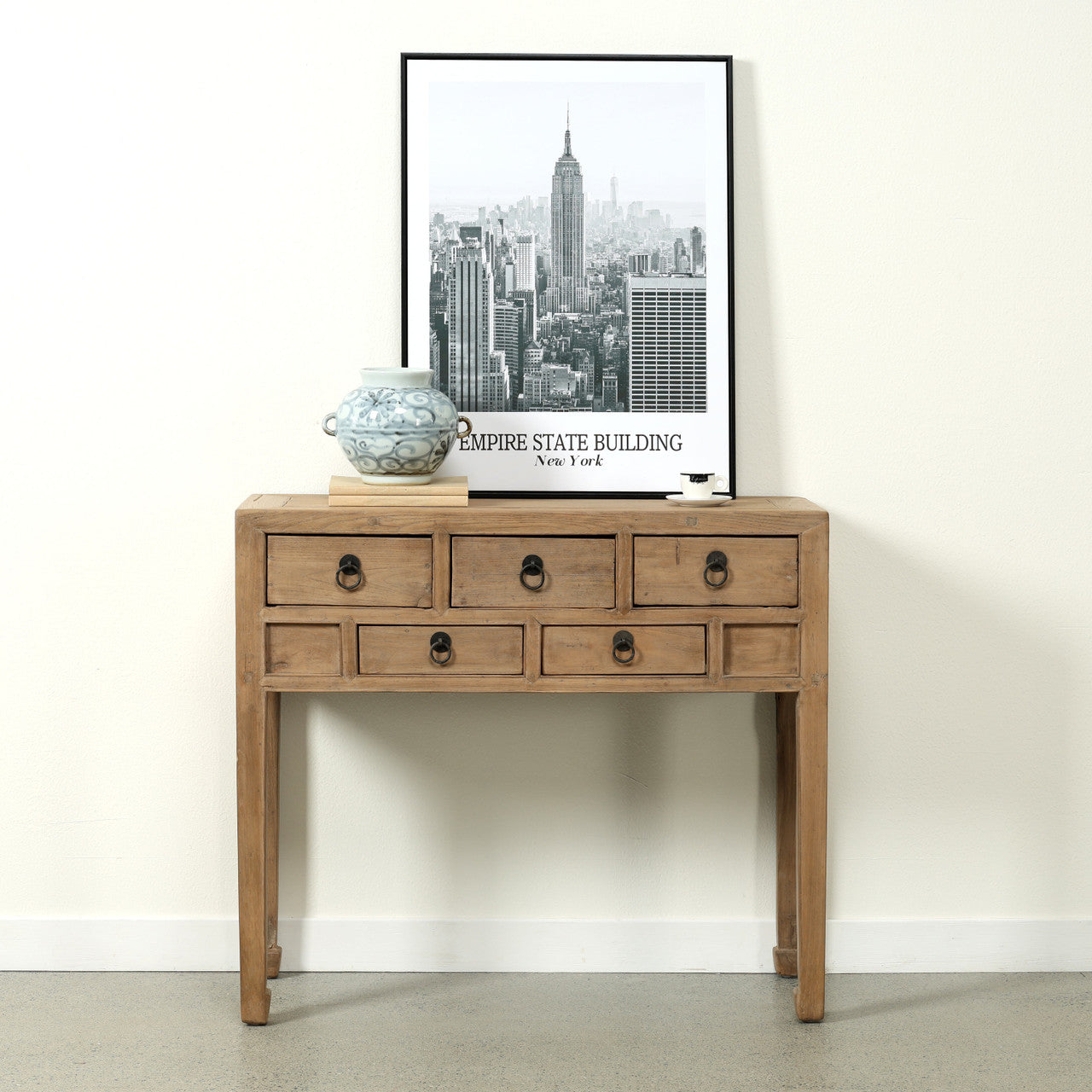 Vintage Console with Five Drawer Weathered Natural Approx. 40 Inches Wide Weathered Natural