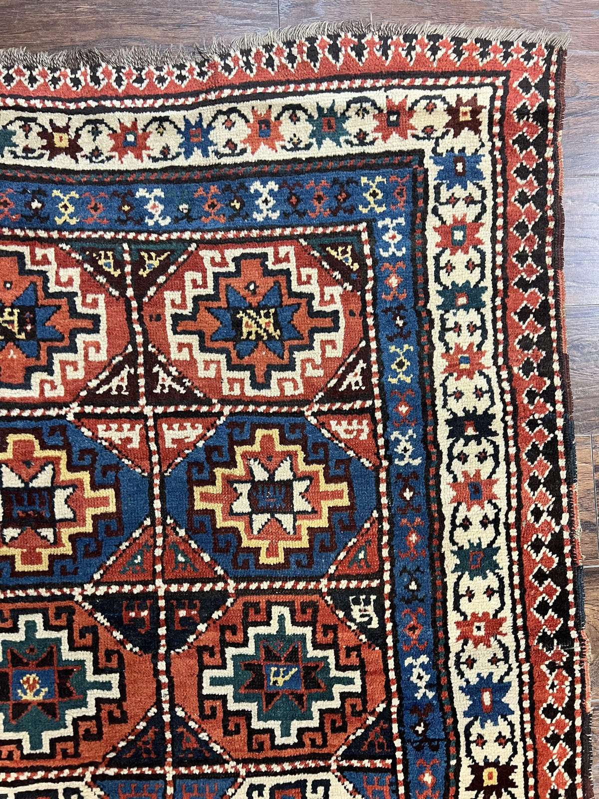 Antique Caucasian Kazak Runner Rug 4 x 9.5, Handmade Wool Rug for Hallway, Rare Colorful Panel Design Mid 19th Century 1870s Oriental Carpet - Jewel Rugs, view 7