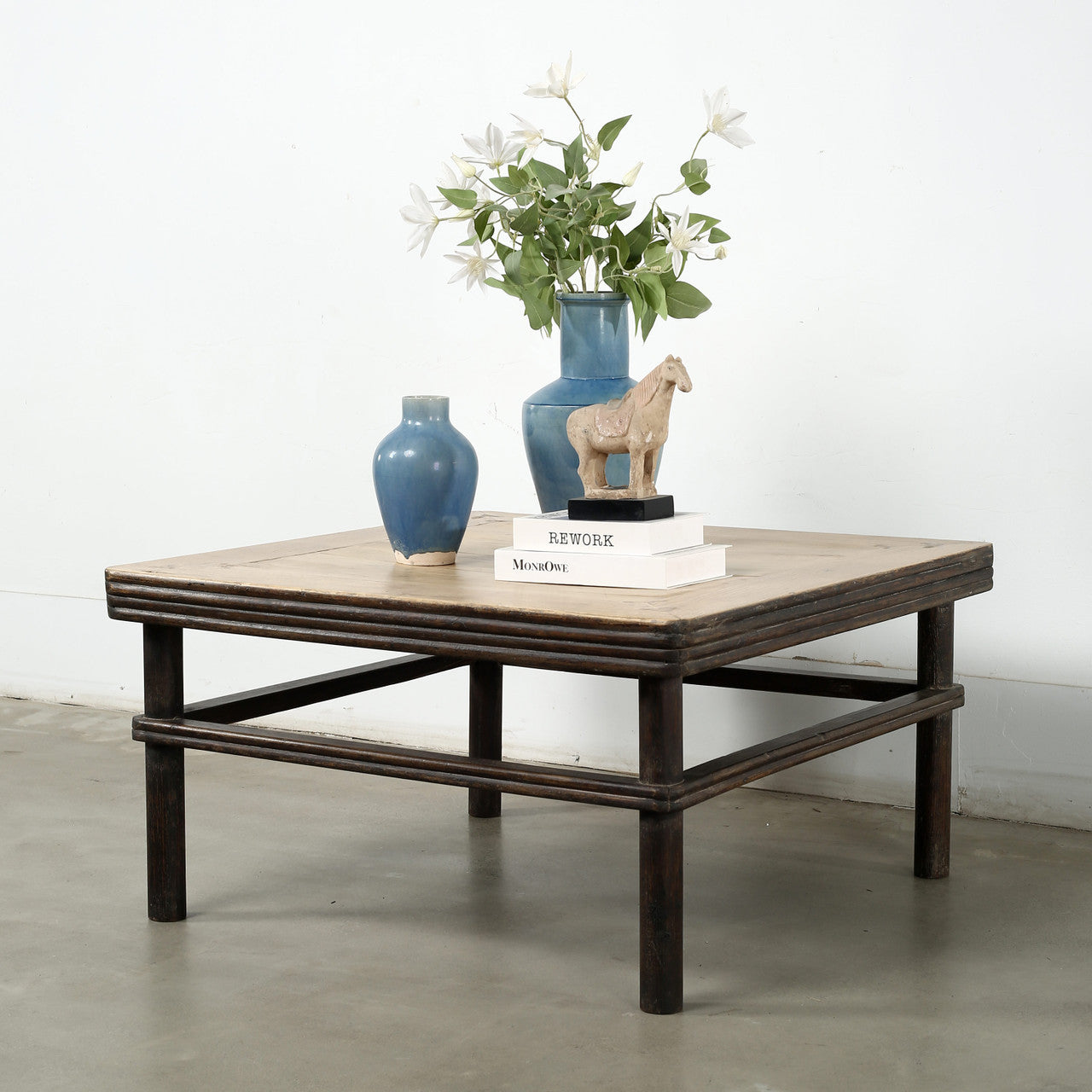 Two Tones Ming Style Antique Square Coffee Table Approx.37 Inches Wide with Distressed Brown Legs.