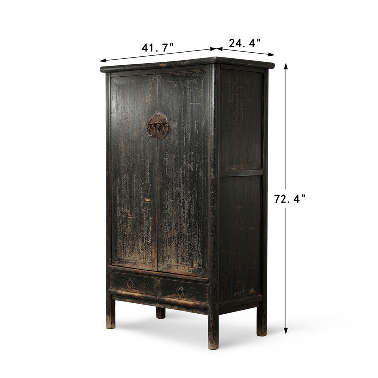 72" High Antique A-Shaped Cabinet with Two Drawers Distressed Black image 3