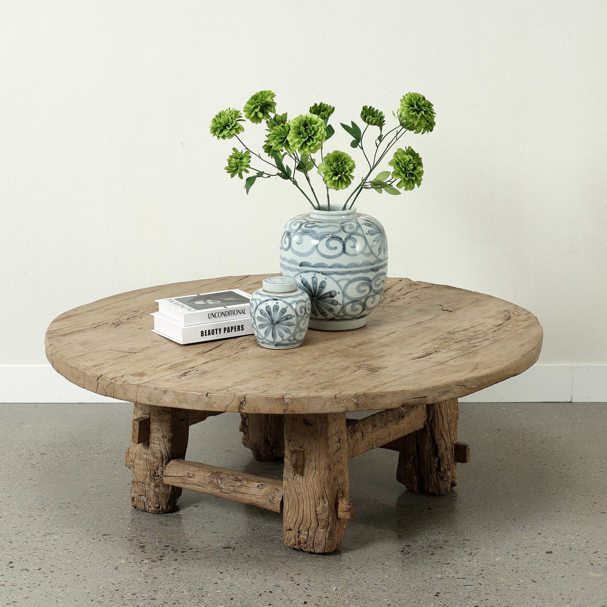 Approx 49 Inches Round Rustic Vintage Coffee Table Elmwood Weathered Natural