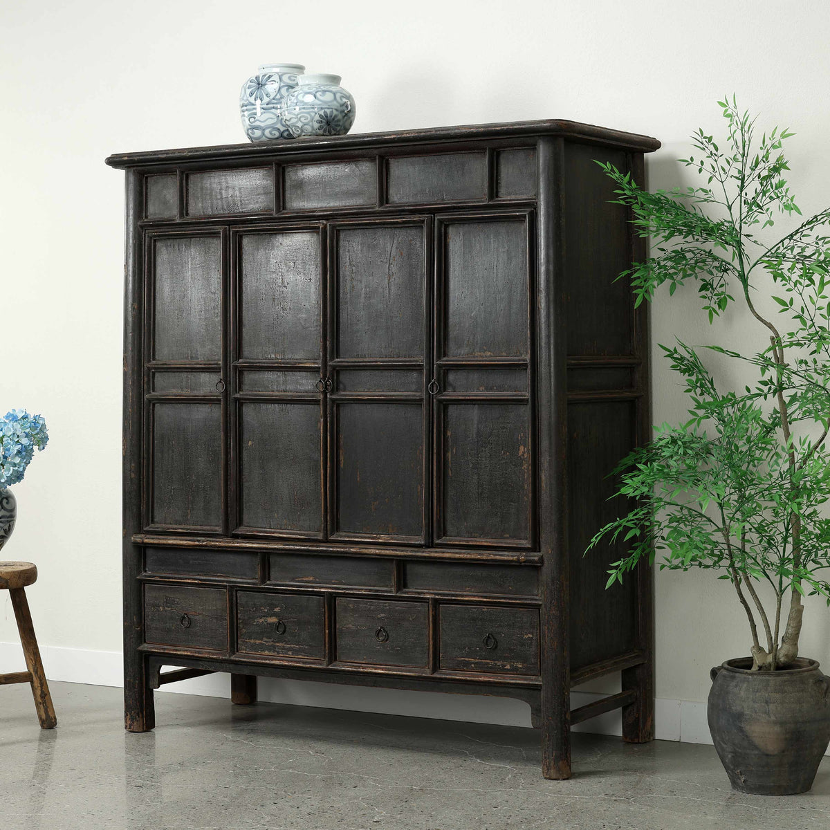 Approx. 61" Wide 68" Tall Vintage Cabinet with Four Drawers Distressed Black