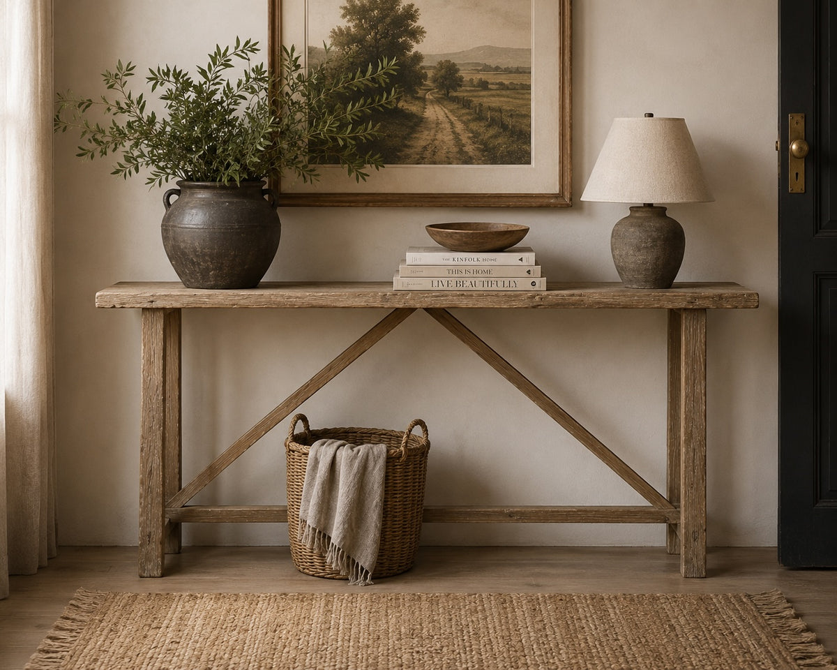 Vintage Console Table Weathered Natural Approx. 66-72Wx14-18Dx33H