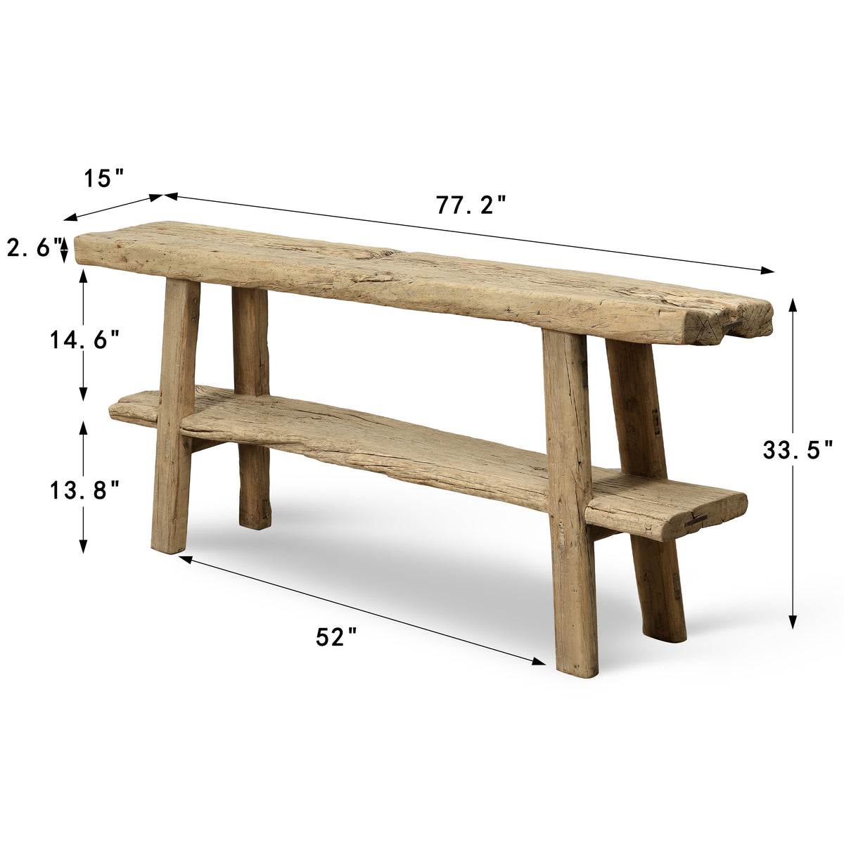 Approx. 77 Inches Wide Vintage Console Table with Shelf, Weathered Natural