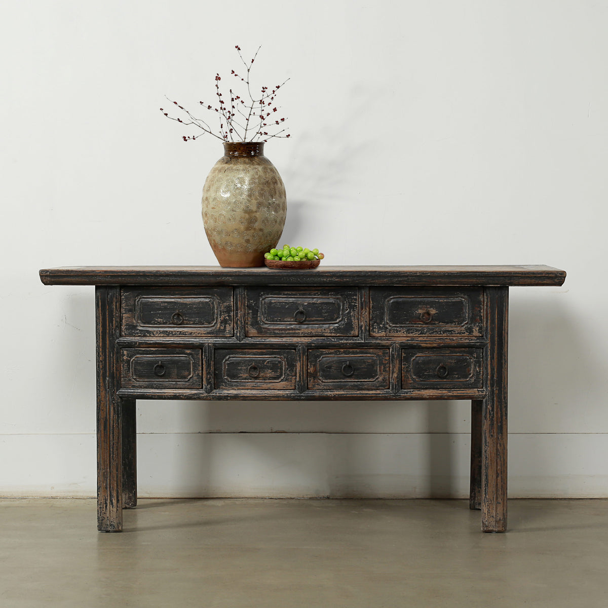 Approx. 65 Inches Wide Antique Entry Table with 7 Drawers Distressed Black