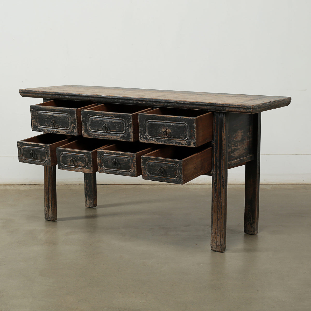 Approx. 65 Inches Wide Antique Entry Table with 7 Drawers Distressed Black