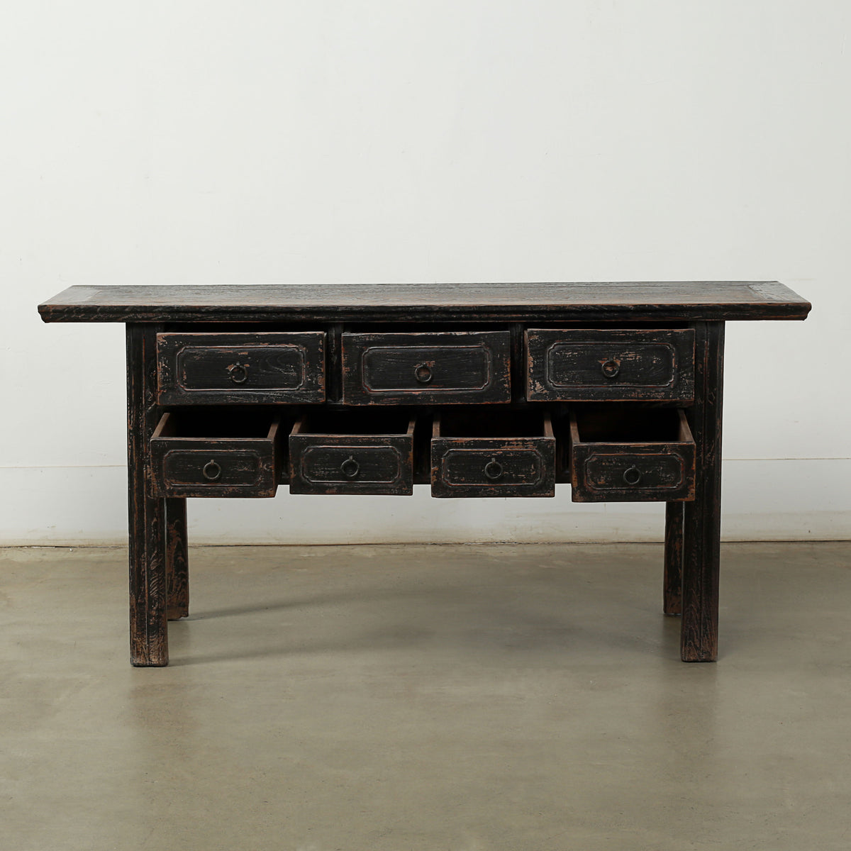 Approx. 67 Inches Wide Antique Entry Table with 7 Drawers Distressed Black Lacquer