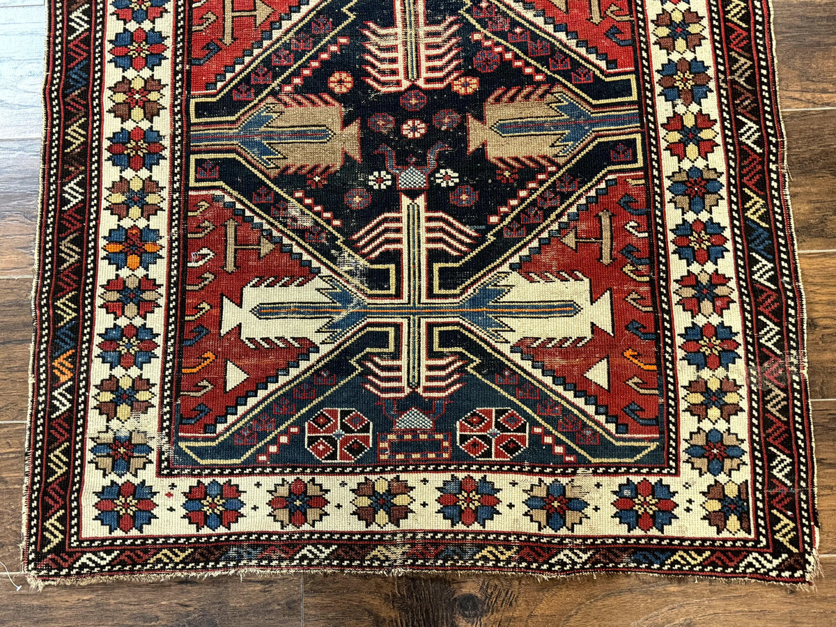 Antique Shirvan Caucasian Rug 3x5, Geometric Pattern, Red Navy Blue Beige - Jewel Rugs, view 6