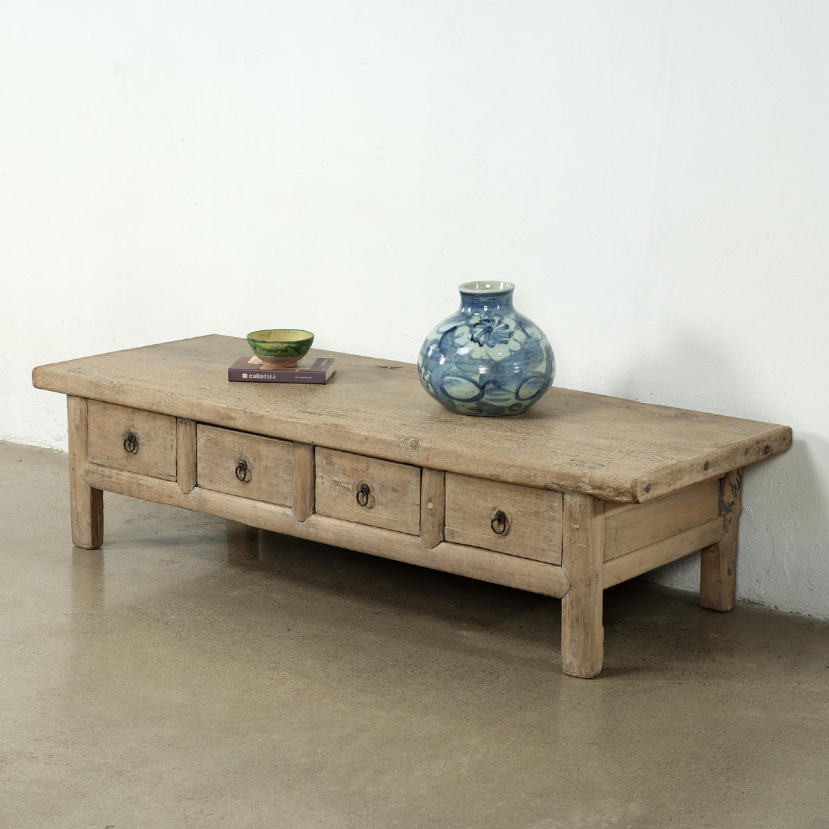 Vintage Elmwood Coffee Table with Four Drawers 71x26x18.5H