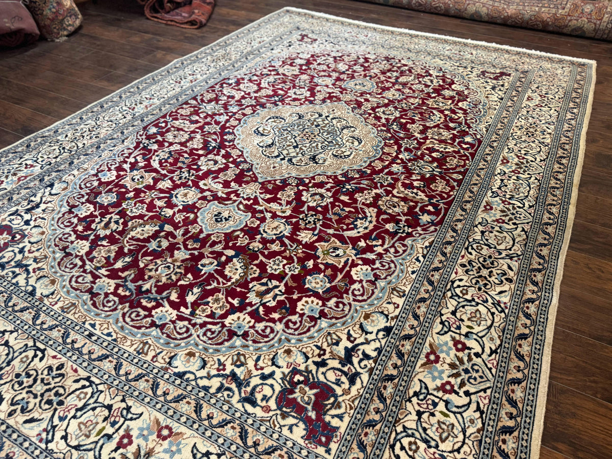 Persian Nain Rug 8x11, Wool and Silk Highlights, Burgundy & Ivory - Jewel Rugs, view 3