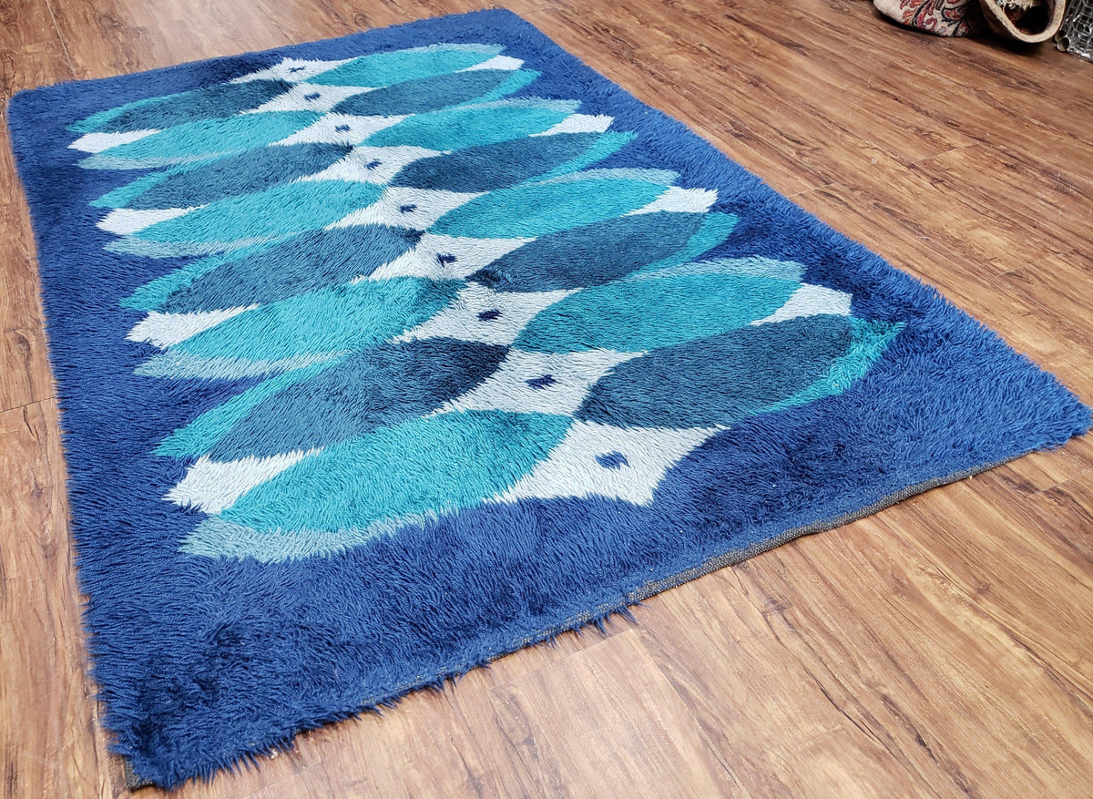 Blue Rya Rug, 1960s Mid-Century Modern Danish Shag Rug 4'6" x 6'7", Ege Rya, Abstract - Jewel Rugs, view 3