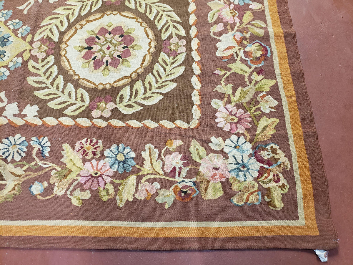 Aubusson Rug 6 x 9 Flat Weave Area Carpet European Design Flowers New Brown Rug Handmade Wool Hand-Knotted Aubusson Weave Medium Rug 6x9 - Jewel Rugs, view 10