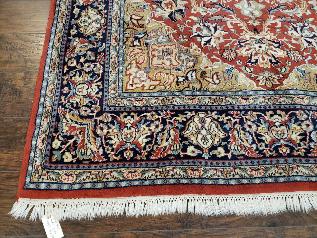 Vintage Indo Persian Oriental Rug 6 x 9.6, Wool Hand-Knotted Red Dark Blue & Gold Indian Carpet, 6 x 9 Office Room Rug, Floral Medallion - Jewel Rugs, view 8