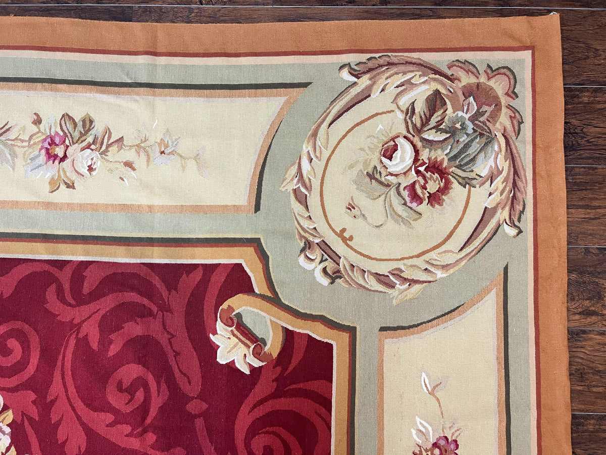 Large Aubusson Rug 10x14, Wool Handmade Vintage Carpet, Dark Red Ivory Tan, French European Elegant Aubusson Weave Rug - Jewel Rugs, view 8