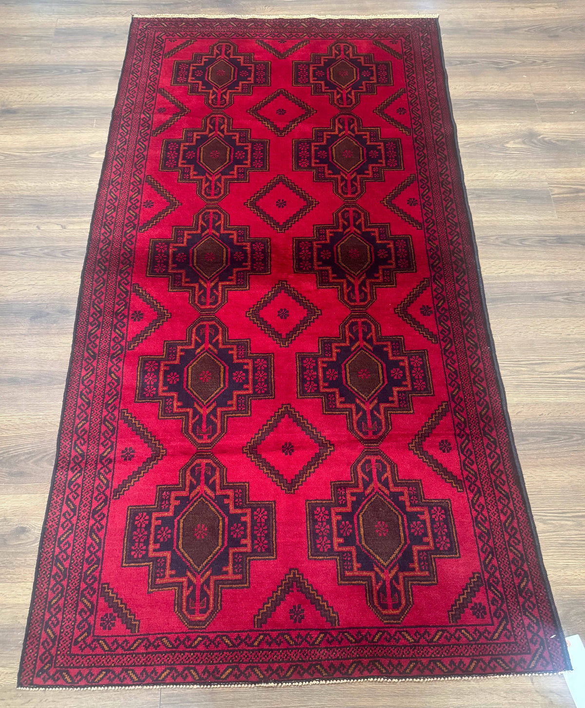 Afghan Rug 4x7, Tribal Carpet, Balouch Rug, Red and Navy Blue, Repeated Medallions, New - Jewel Rugs, view 2