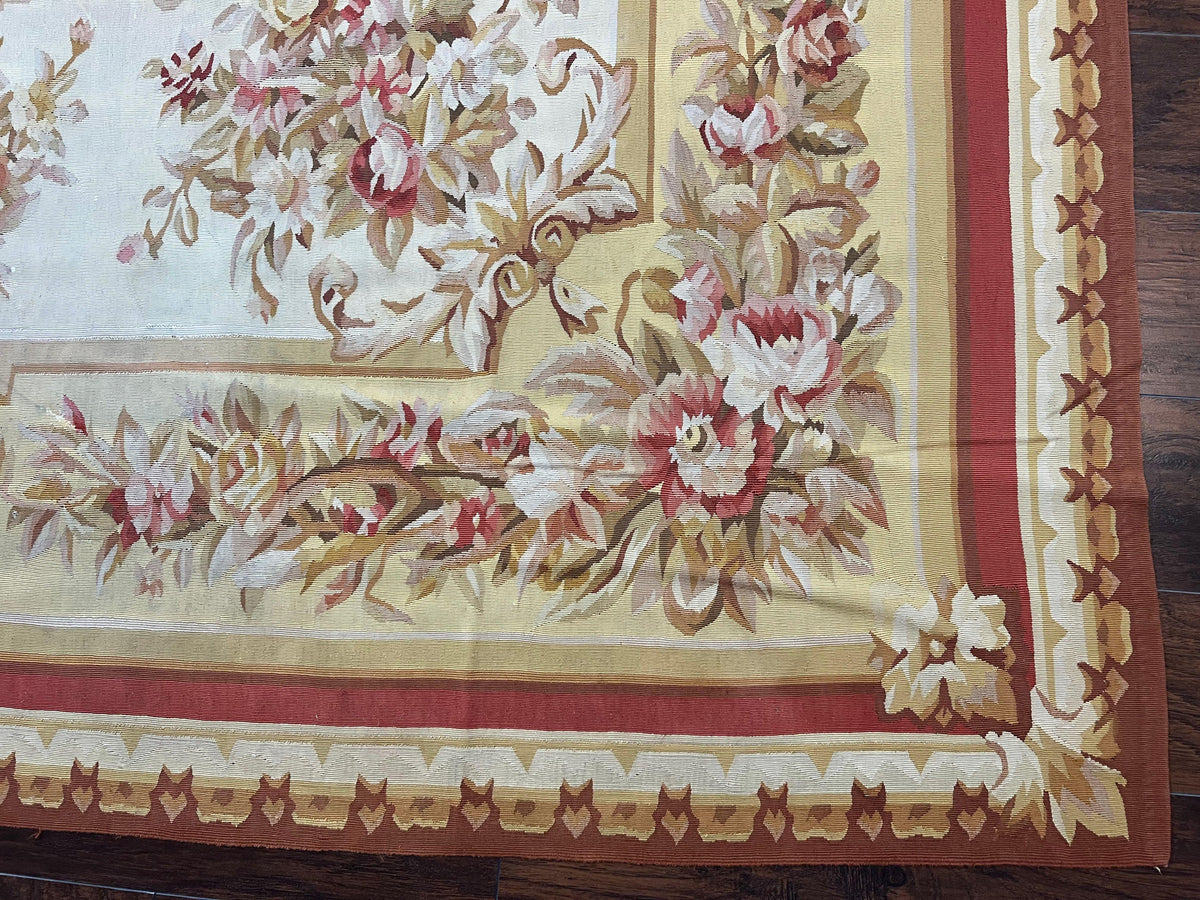 Aubusson Rug 9x12, Elegant Flatweave Savonnerie Carpet 9 x 12 ft, Ivory Light Yellow Red, Handmade Wool Flatweave French European Rug - Jewel Rugs, view 9