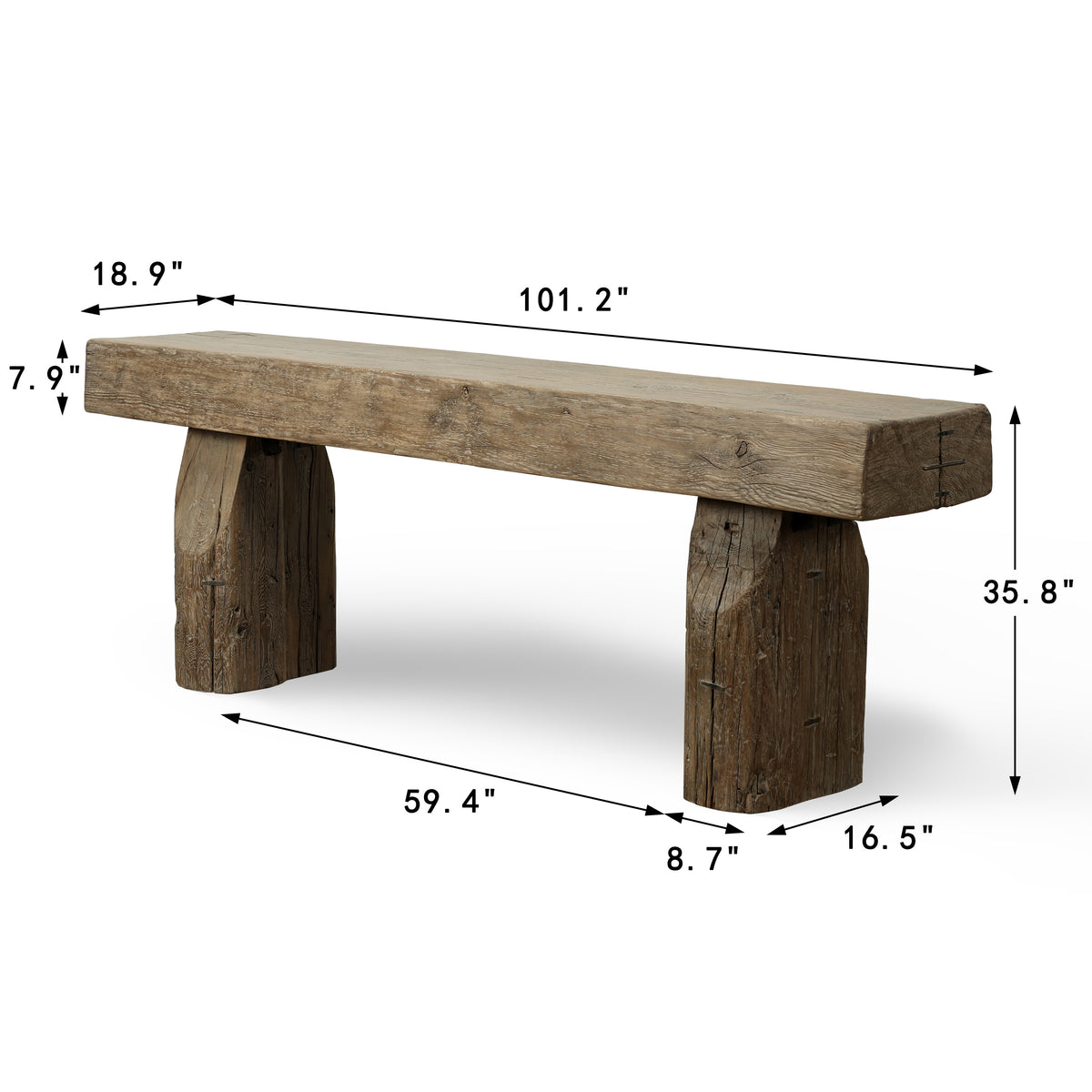 101 Inches Long Heritage Timber Beam Console, Weathered natural brown with soft grey undertones