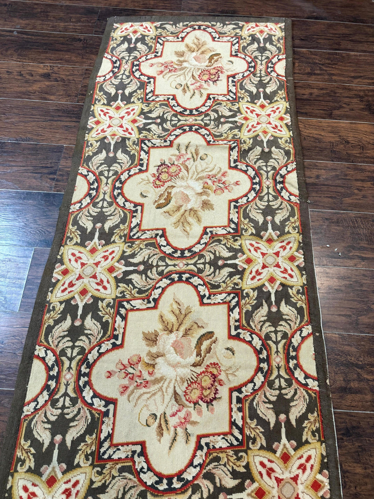 Needlepoint Runner Rug 2.7 x 9.7, European French Design, Wool, Handmade, Vintage - Jewel Rugs, view 10