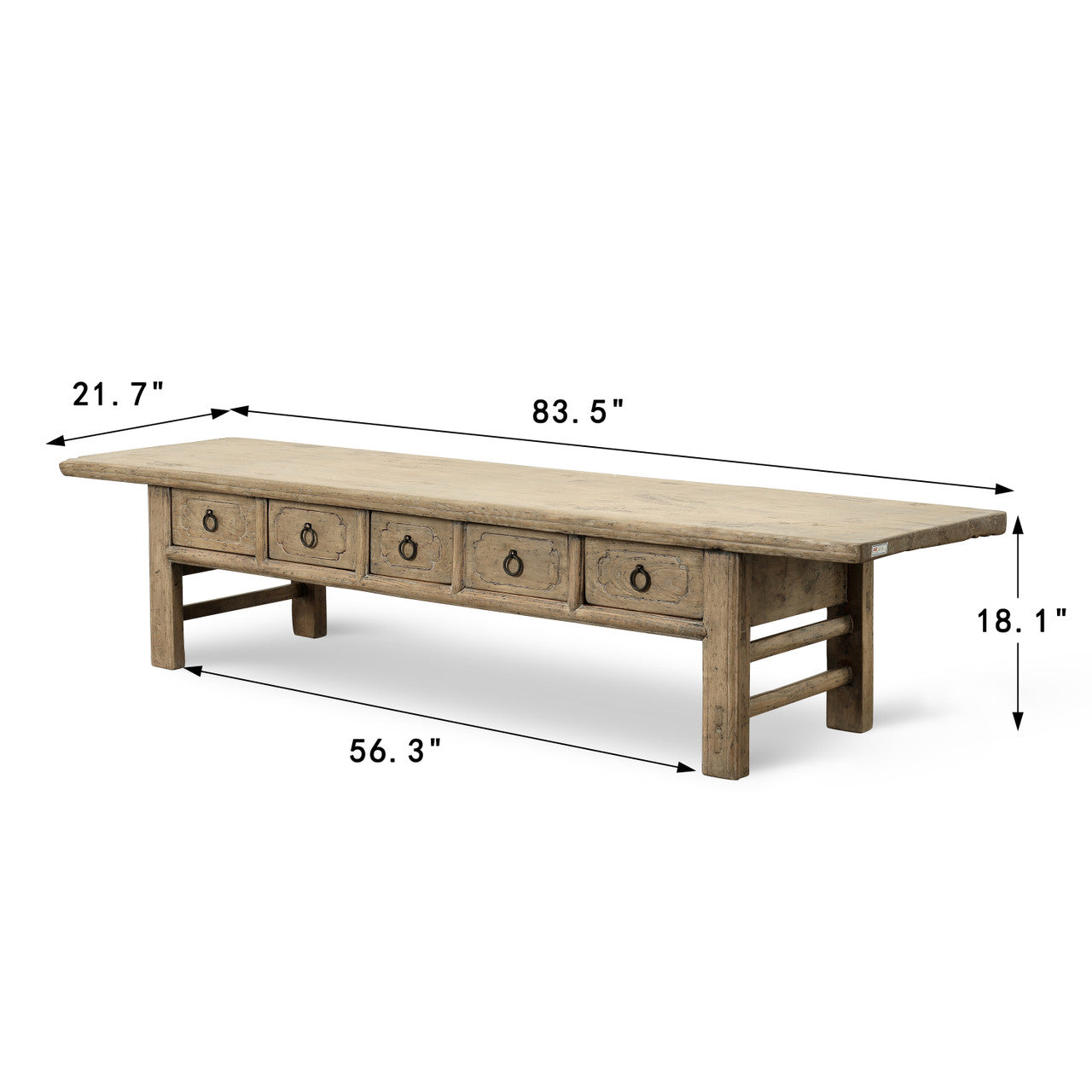 Approx 84" Wide Vintage Table with Five Drawers, Weathered Natural
