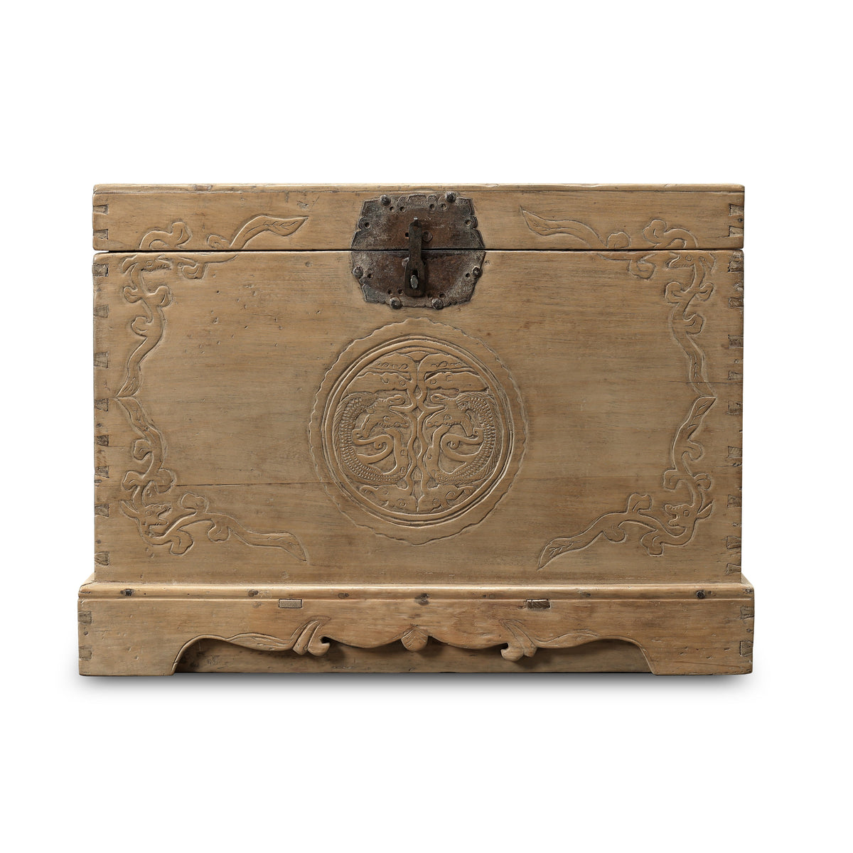 Approx 35" Wide Antique Storage Trunk with Hand-Carved Motifs Weathered Natural