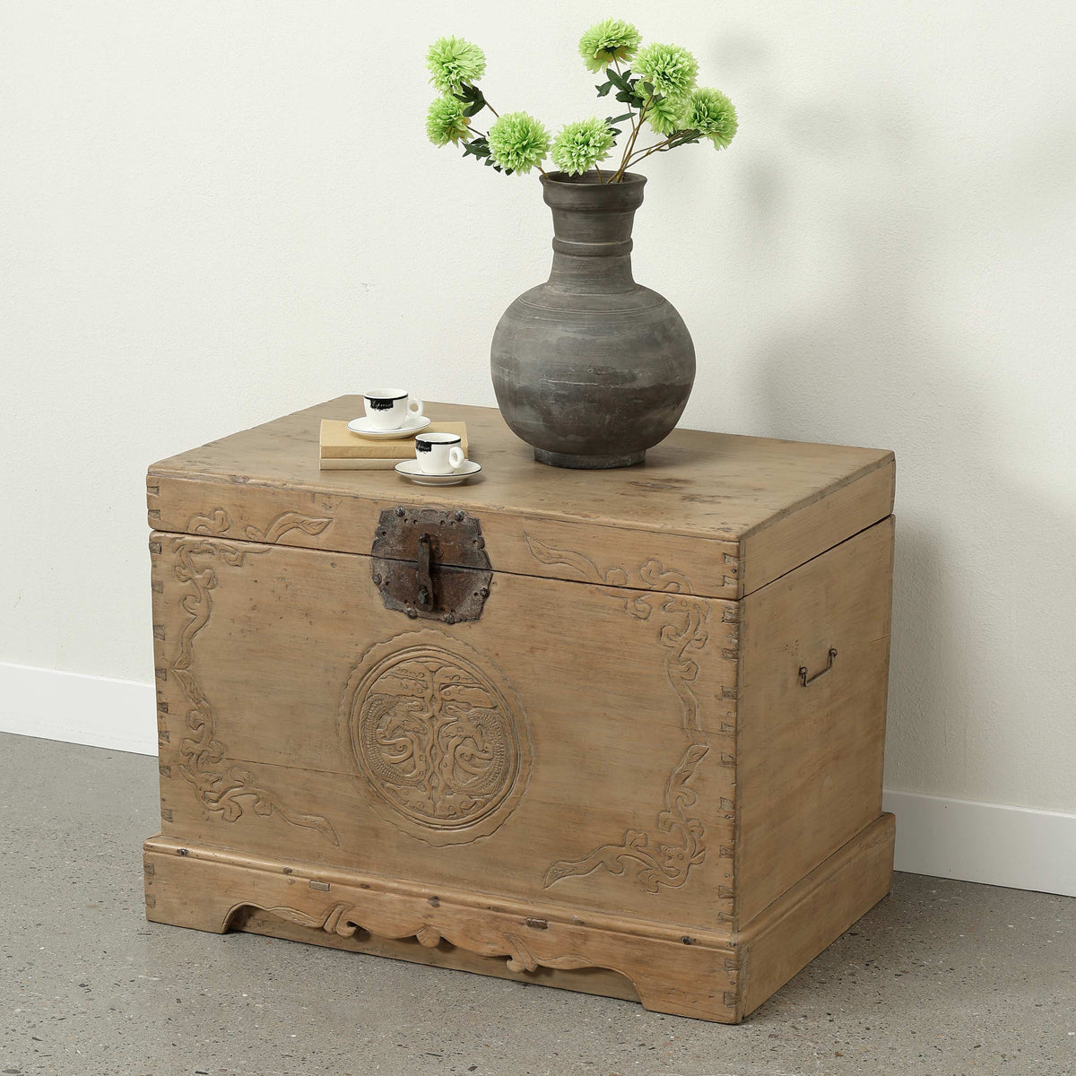 Approx 35" Wide Antique Storage Trunk with Hand-Carved Motifs Weathered Natural
