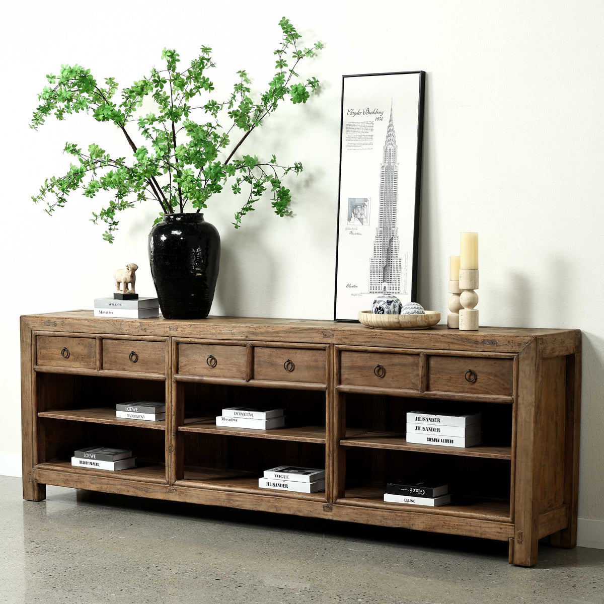 Approx. 107" Wide Vintage Countertable with 6 Drawers, Walnut Wood Weathered Natural
