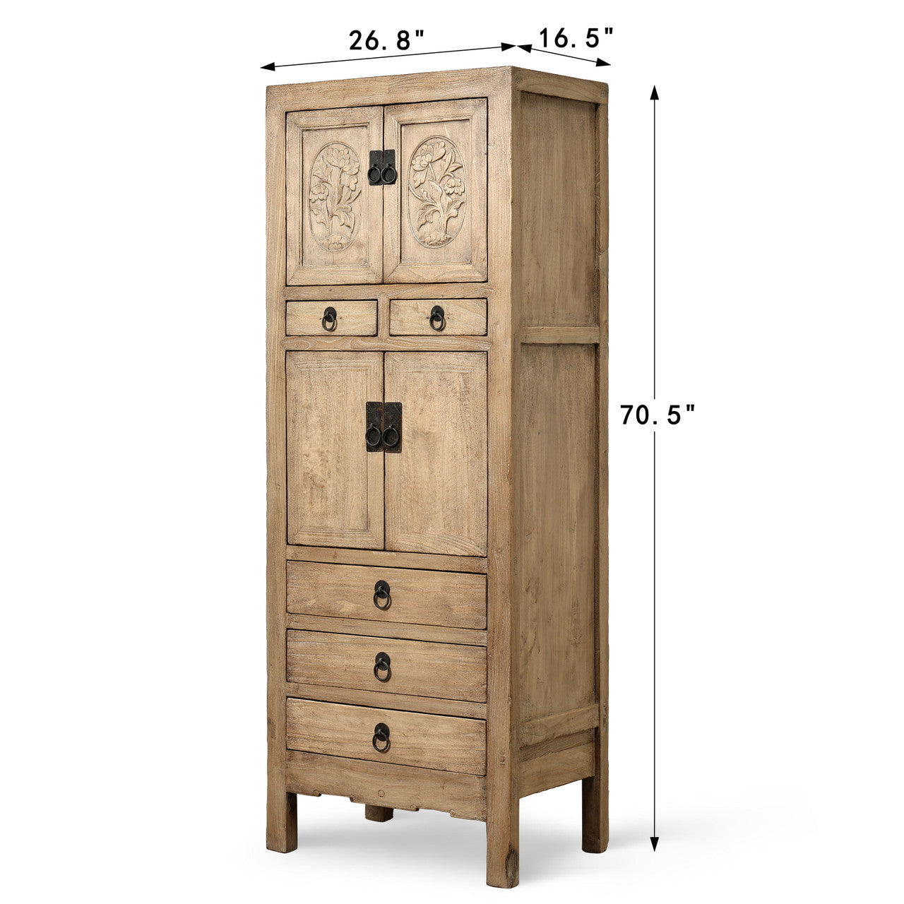 Vintage Carved Cabinet Weathered Natural 26.8" x 16.5" x 70.5" H
