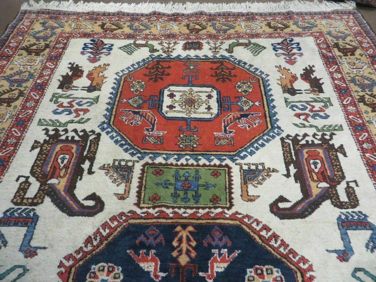 7' X 10' Vintage Handmade Knotted Turkish Wool Rug Birds Animal Ivory Organic - Jewel Rugs, view 4