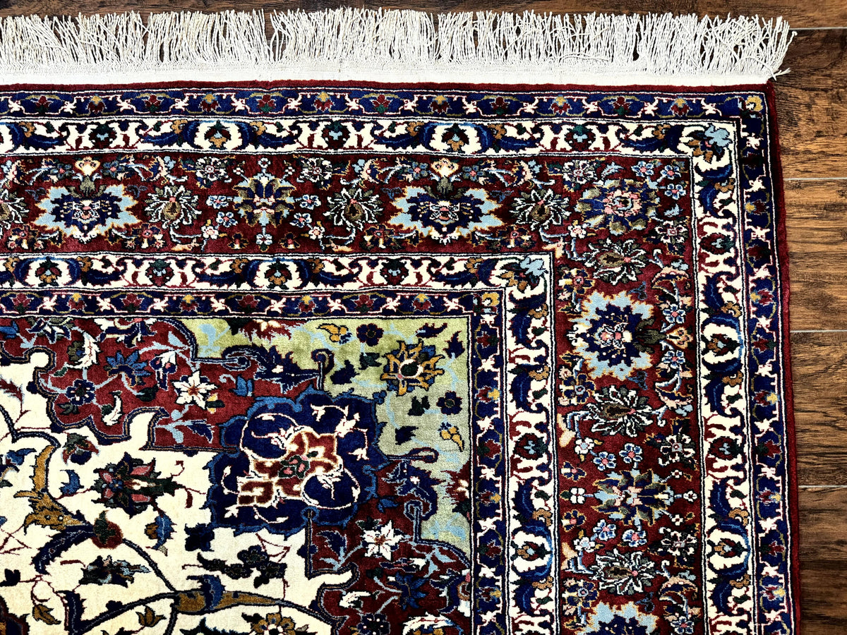 Wonderful Persian Isfahan Rug 7x9, Ivory Navy Blue Red, Floral Medallion, Very Finely Hand Knotted 260 KPSI, Handmade Wool Vintage Rug - Jewel Rugs, view 8