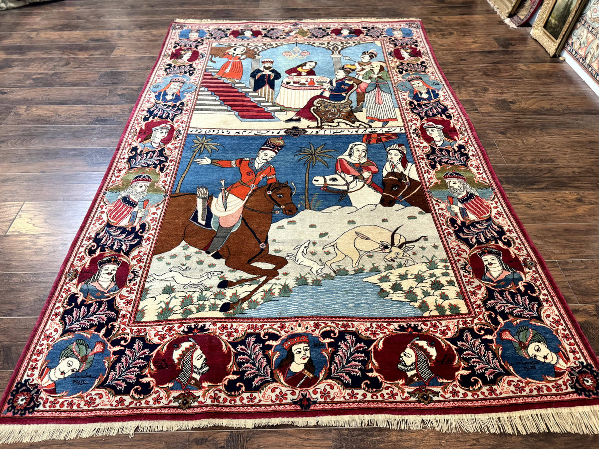 Rare Persian Kashan Pictorial Rug 6x9, King Bahram Hunting Scene, Persian Kings, Hand Knotted Persian Rug for Wall Hanging, Antique, Wool - Jewel Rugs, view 2