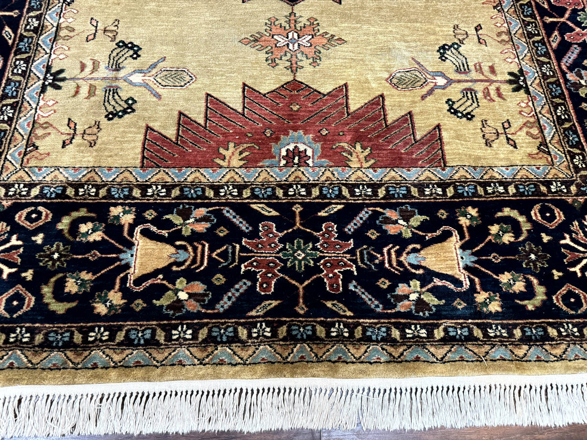 Indo Persian Heriz Rug 8x12, Camel Hair Tan and Navy Blue, Decorative - Jewel Rugs, view 6