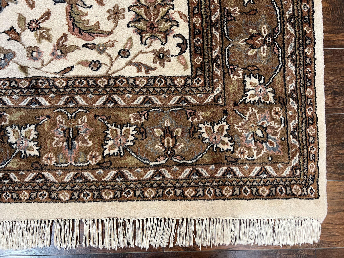 Indo Kirman Rug 8x12 Allover Floral Design, Ivory/Cream Brown, Vintage Handmade Hand Knotted Rug, Traditional Wool Persian Carpet 8 x 12 - Jewel Rugs, view 10