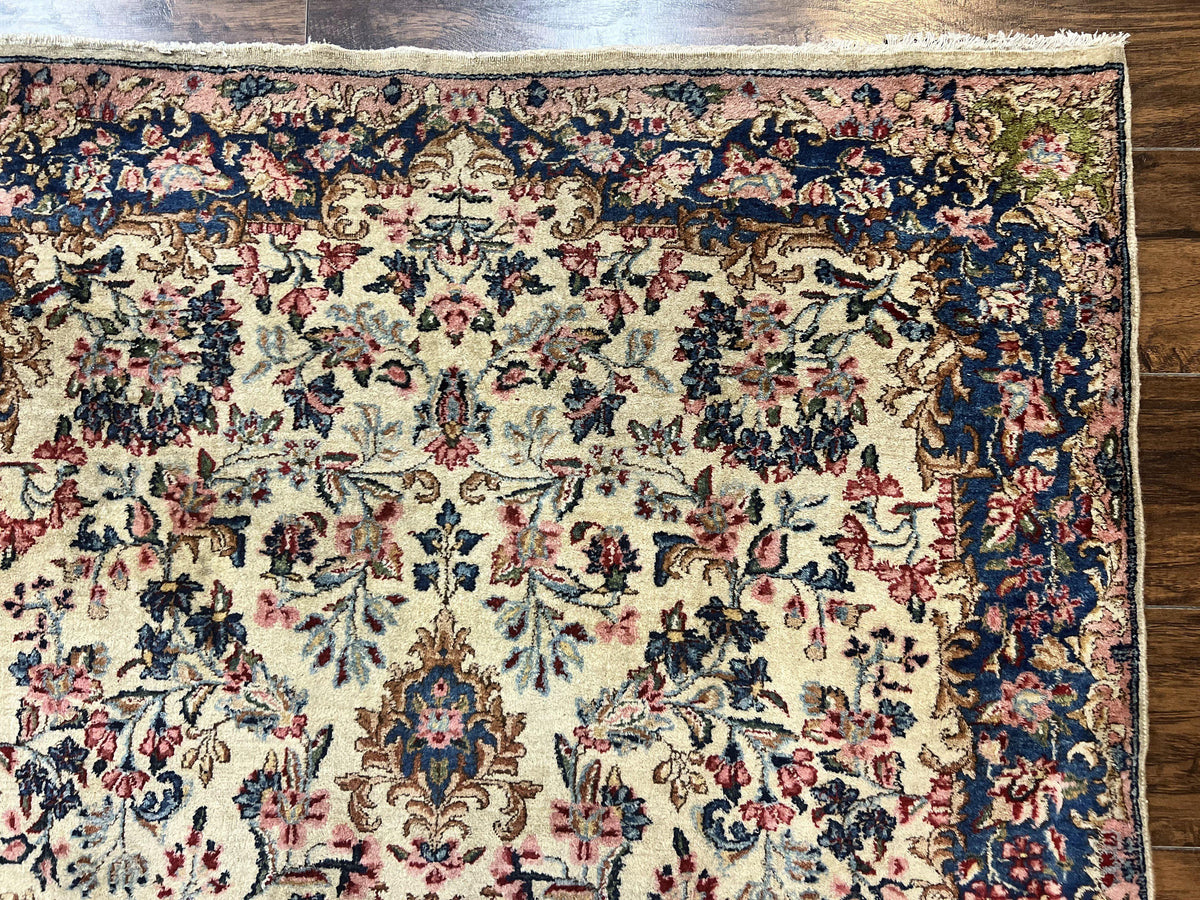 Antique Persian Kirman Rug 4x7, Cream and Navy Blue, Hand Knotted Wool Floral Carpet - Jewel Rugs, view 8