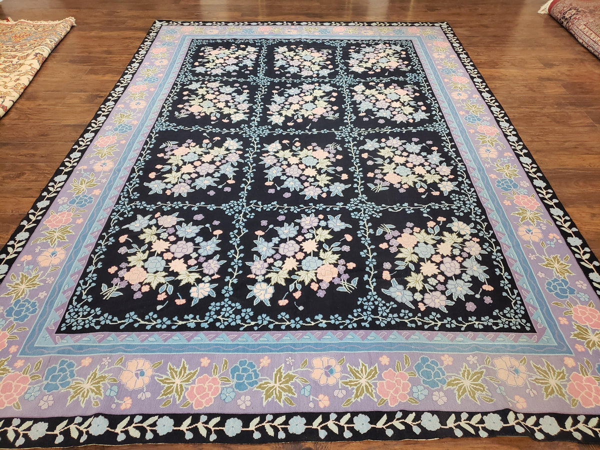Chinese Needlepoint Rug 8 x 11.4, Hand-Woven Area Carpet, Flatweave Rug, Black Blue Light Violet Floral Garden European Design Wool Aubusson - Jewel Rugs, view 2