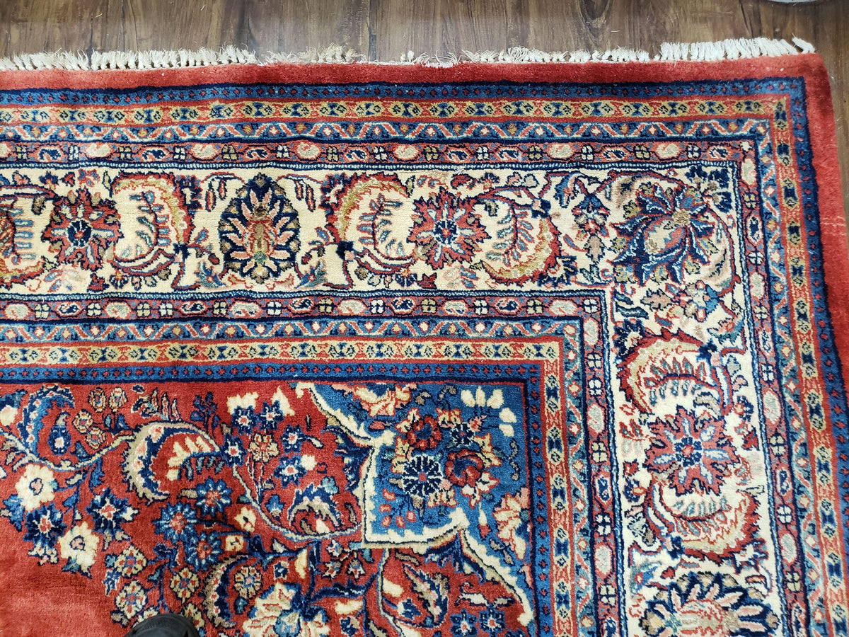 Semi Antique Persian Sarouk Rug 9x12,  Semi Open Field with Central Medallion, Hand Knotted Wool, Tomato Red, 9 x 12 Authentic Oriental Carpet - Jewel Rugs, view 8