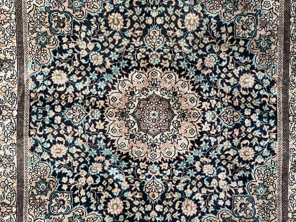 Sino Persian Silk Rug 2x2 ft, Very Fine High KPSI Small Silk Oriental Carpet, Hand-Knotted, Medallion, Vintage Silk Rug, Black Ivory/Cream - Jewel Rugs, view 5