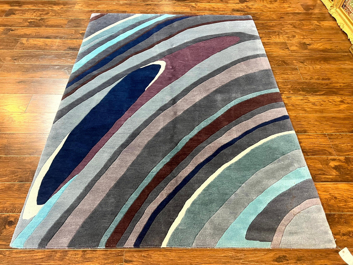Modern Nepali Handmade Wool Rug 6x8, Blues Gray Mauve, Abstract, Nepali Tibetan Rug - Jewel Rugs, view 2