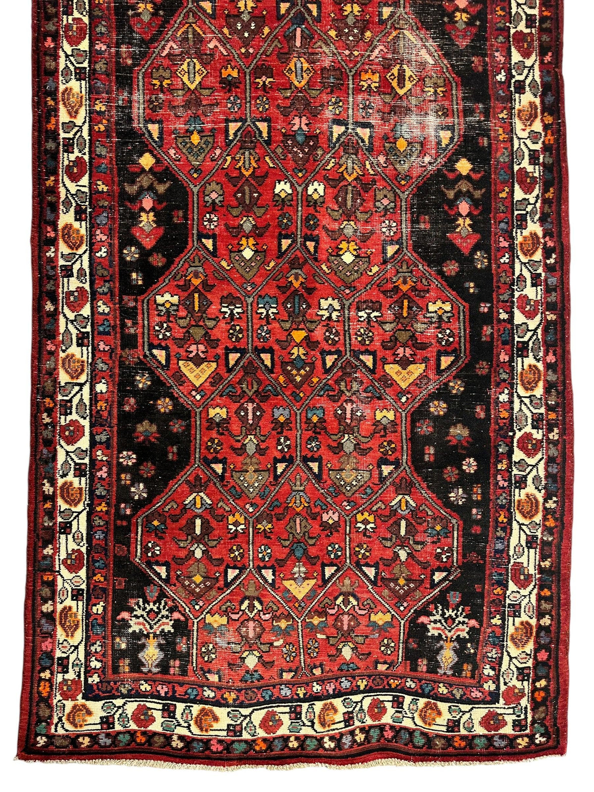 Vintage Persian Hamadan Medallion Runner 4x10 | Red, Navy & Ivory | Hand-Knotted Wool - Rugistan, view 6