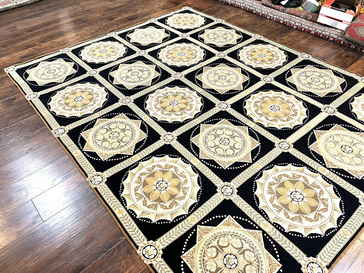 Needlepoint Rug 8x10, Black Tan Beige, Panel Design, Wool Handwoven Handmade Flatweave Needlepoint Carpet, Vintage French European Rug - Jewel Rugs, view 12