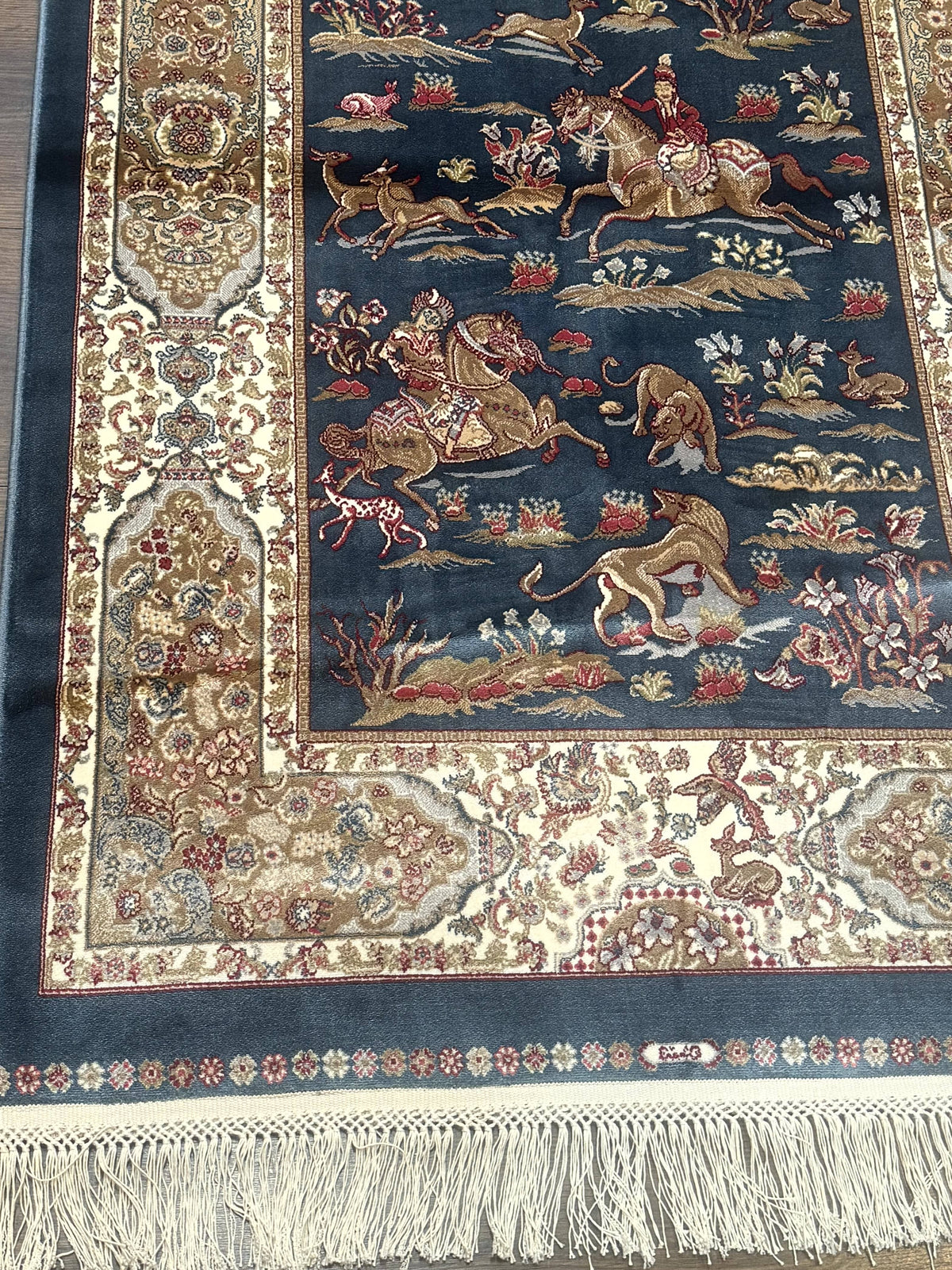 Turkish Silk Hunting Scene Rug 2.6 x 5, Dark Steel Blue & Ivory, Bamboo Silk, New - Jewel Rugs, view 9